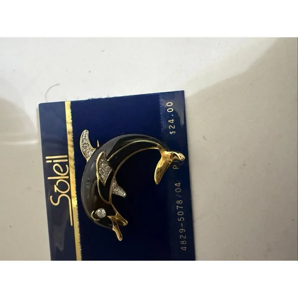 Vintage Soliel Women's Gold-Tone Rhinestones Bling Dolphin Brooch Pin Black NWT